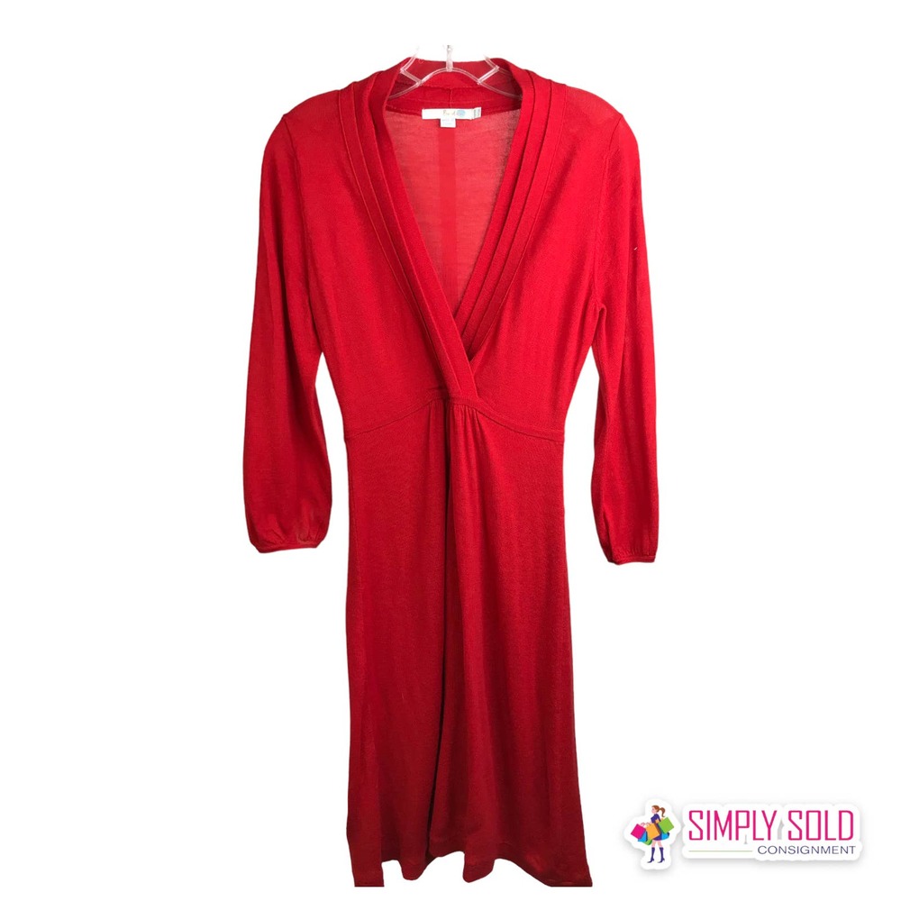 Boden Women's A-Line Midi‎ Dress Wool Wrap Bell Sleeve Pleated V-Neck Red Sz 4R